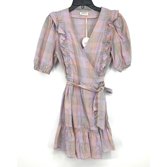 Storia Wrap Dress Gingham Print Tie Waist Puff Ruffle Cottagecore - Picture 1 of 10